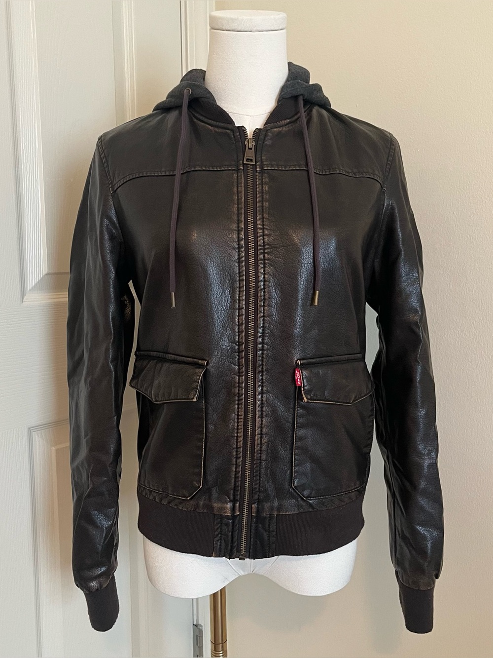 Levi Strauss Brown Faux Leather Sherpa-Lined Hooded Jacket Womens Size S
